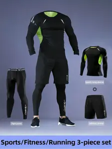 Men's 3-Piece Sports Set, Breathable Mesh Long Sleeve Top, Quick-Dry Tight Pants & Reflective Shorts, High Elasticity Running Gear, Activewear Running Outfits, Athletic Sets, Athletic Apparel