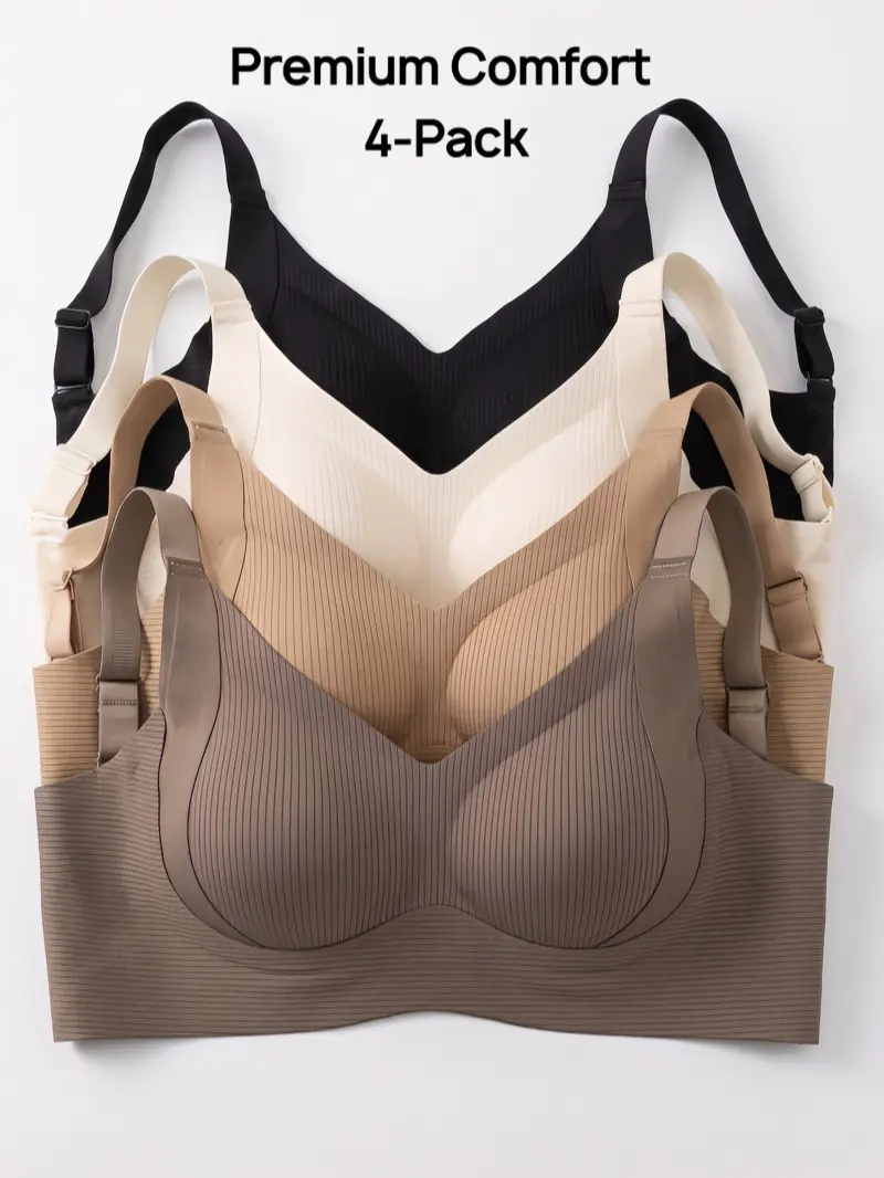 4PCS Solid Seamless Ribbed Push Up Bras, Wirefree Jelly Full Coverage Comfort Everyday Bralette, Plus Size Ultimate Lift Cool Sleep Bra No Padded Underwire