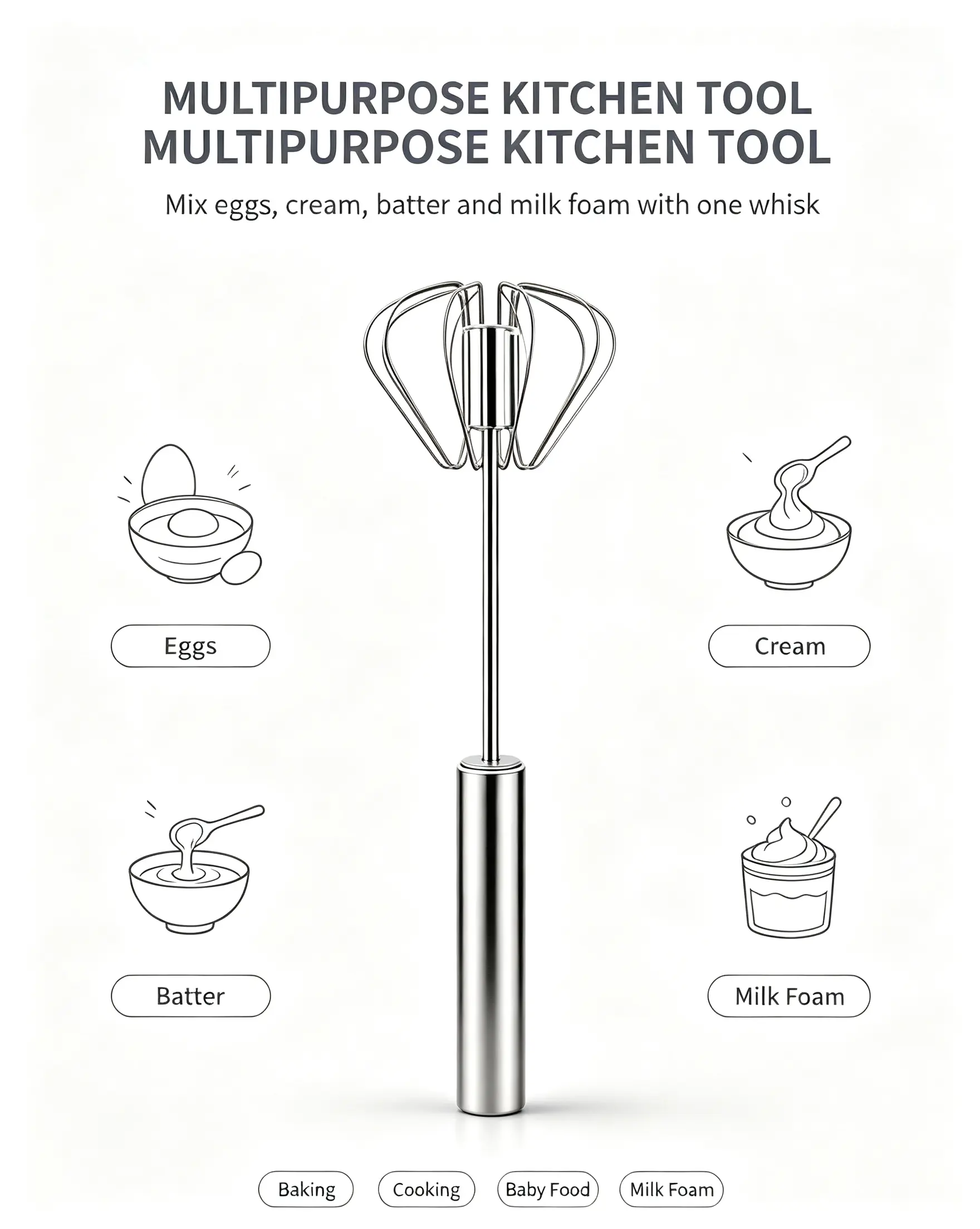 14inch Semi-Automatic Stainless Steel Hand-Push Rotary Whisk, Food-Grade Rust-Resistant, Sturdy Riveted Construction, Easy to Clean for Cooking Whisking Tasks (Home Supplies Essential), Semi-Automatic Egg Beater 14Inch