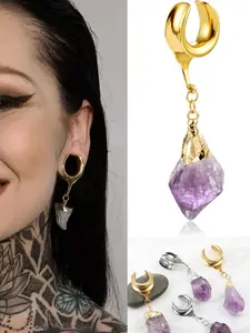 Vanku 2pcs Stainless Steel Saddle Hangers, Natural Stone Drop Ear Plugs, Tunnels Plug Ear Gauges, Casual Elegant All-Season Accessory