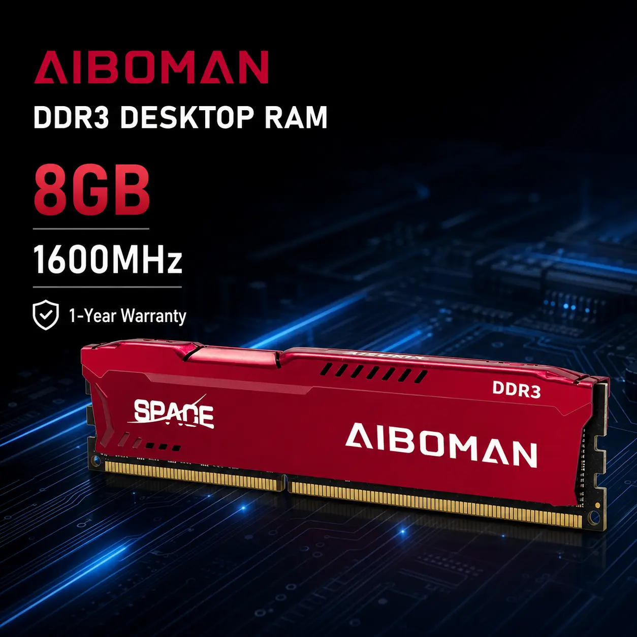 AIBOMAN DDR3 1600MHz Desktop RAM, 8GB Memory Module with Red Heat Sink, Low-Profile U-DIMM for Gaming PCs and Workstation Upgrades