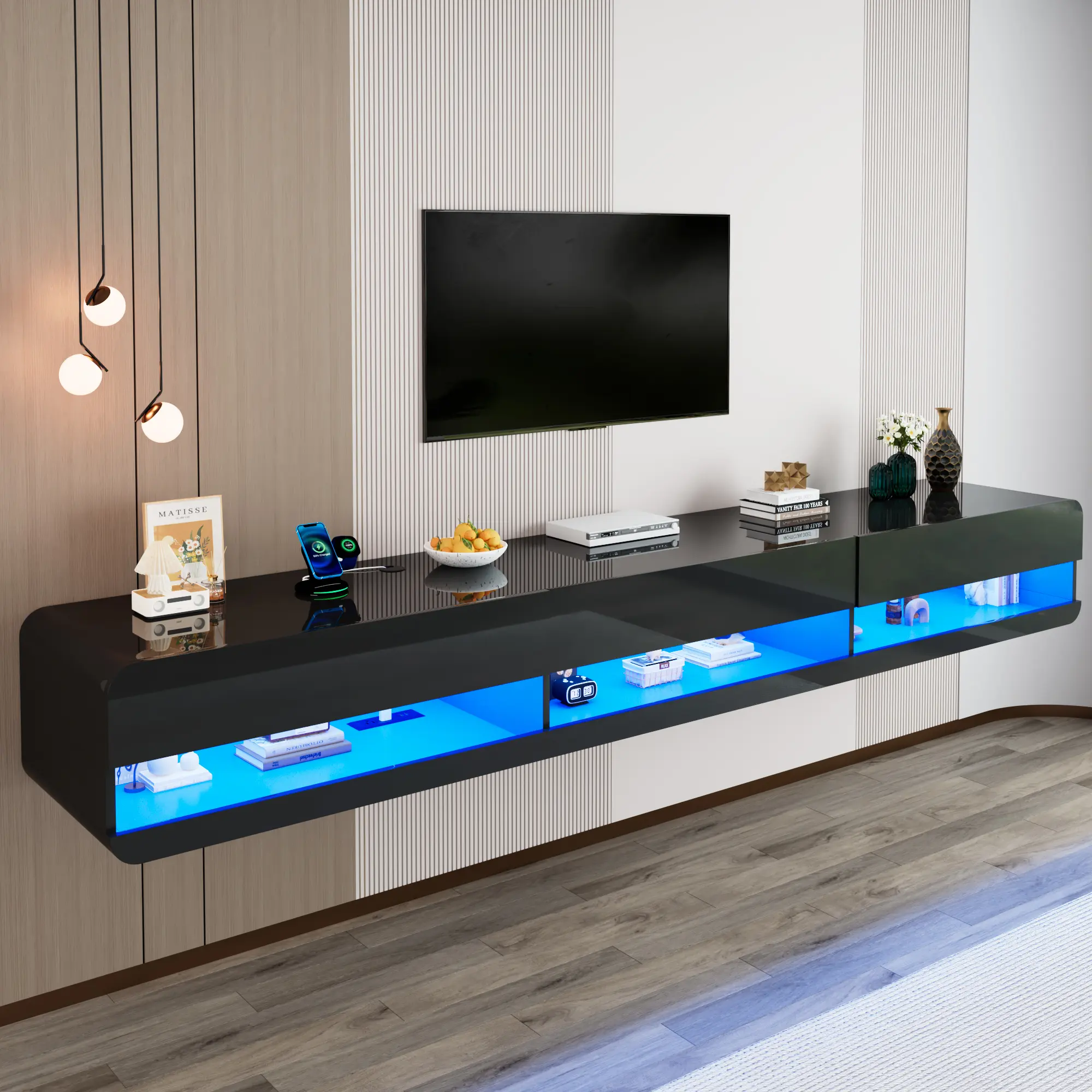 94.5" Wall Mounted Floating TV Stand with LED Lighting and Built In Power Outlet Modern High Gloss Entertainment Center with Open Storage Shelves, Floating Tv Console, Minimalist Tv Stand
