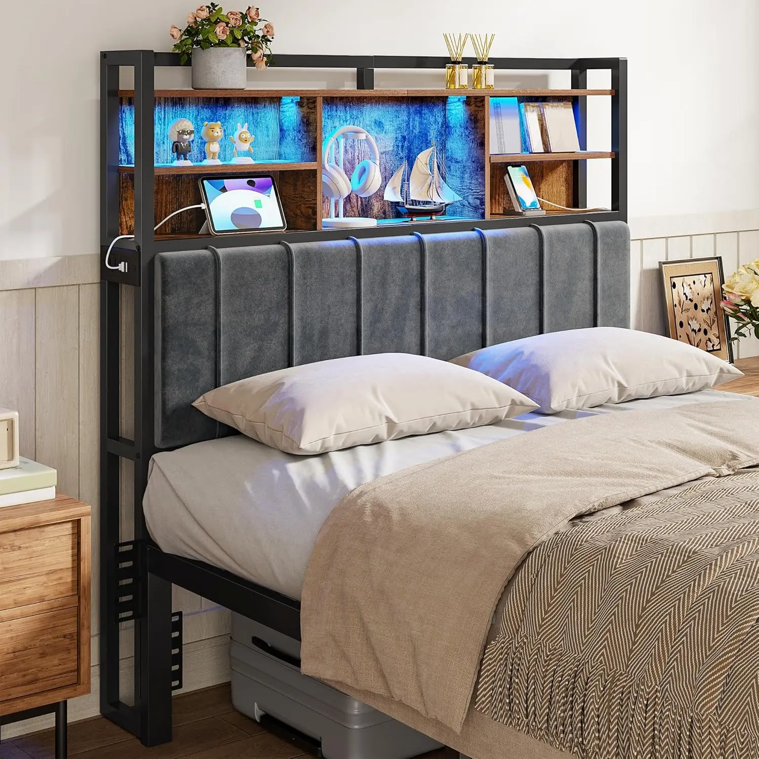 Headboard with 3-Tier Storage Shelves,  Upholstered  Board with 2 Outlets, USB Ports & LED Light, Soft Backrest for Full Size Bed, Rustic Brown and Black BH13801B