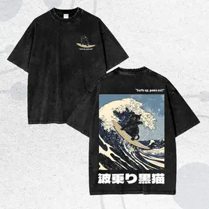 Vintage Washed Surfing Cat T-Shirt, Japanese Black Cat Great Wave Tee