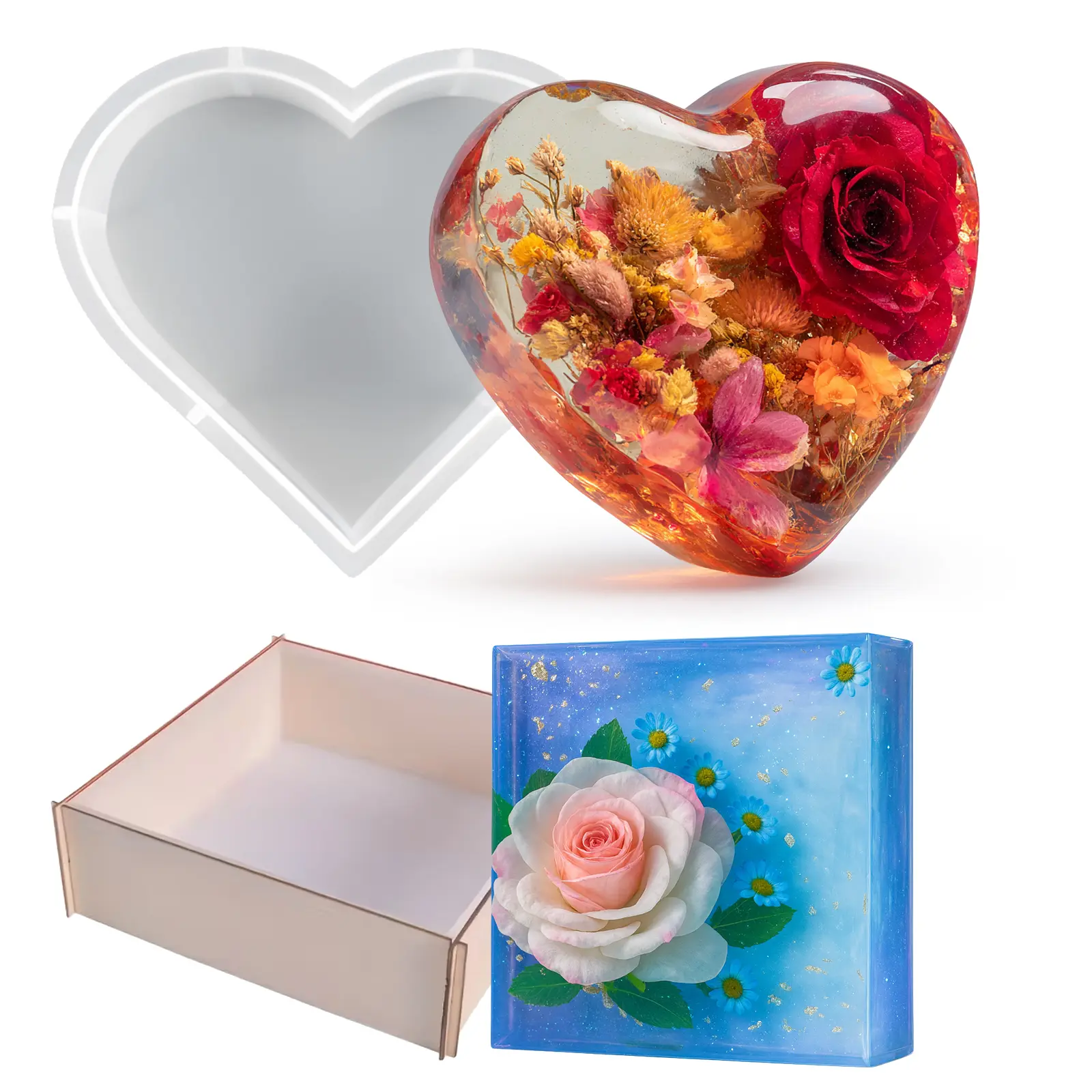 Flexible Silicone Square & Heart Molds - Deep Epoxy Casting Tools with Glossy Finish for Flower Preservation, Memorial Crafts, Wedding Supplies, Home Decor Gifts for Resin Art Beginners