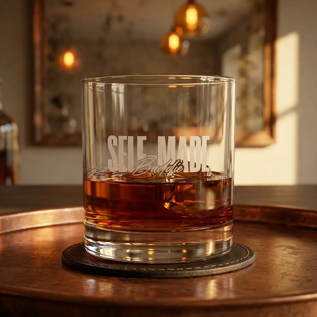 Personalized Engraved Whiskey Glass - 10.5oz Thick-Set at the Base Rocks Shape Glass with Wood Accent, Custom Engraving, Engraved Motif, Etched Text, 0-500ml Capacity, Kitchenware Drinkware for Daily Bar & Dish Use