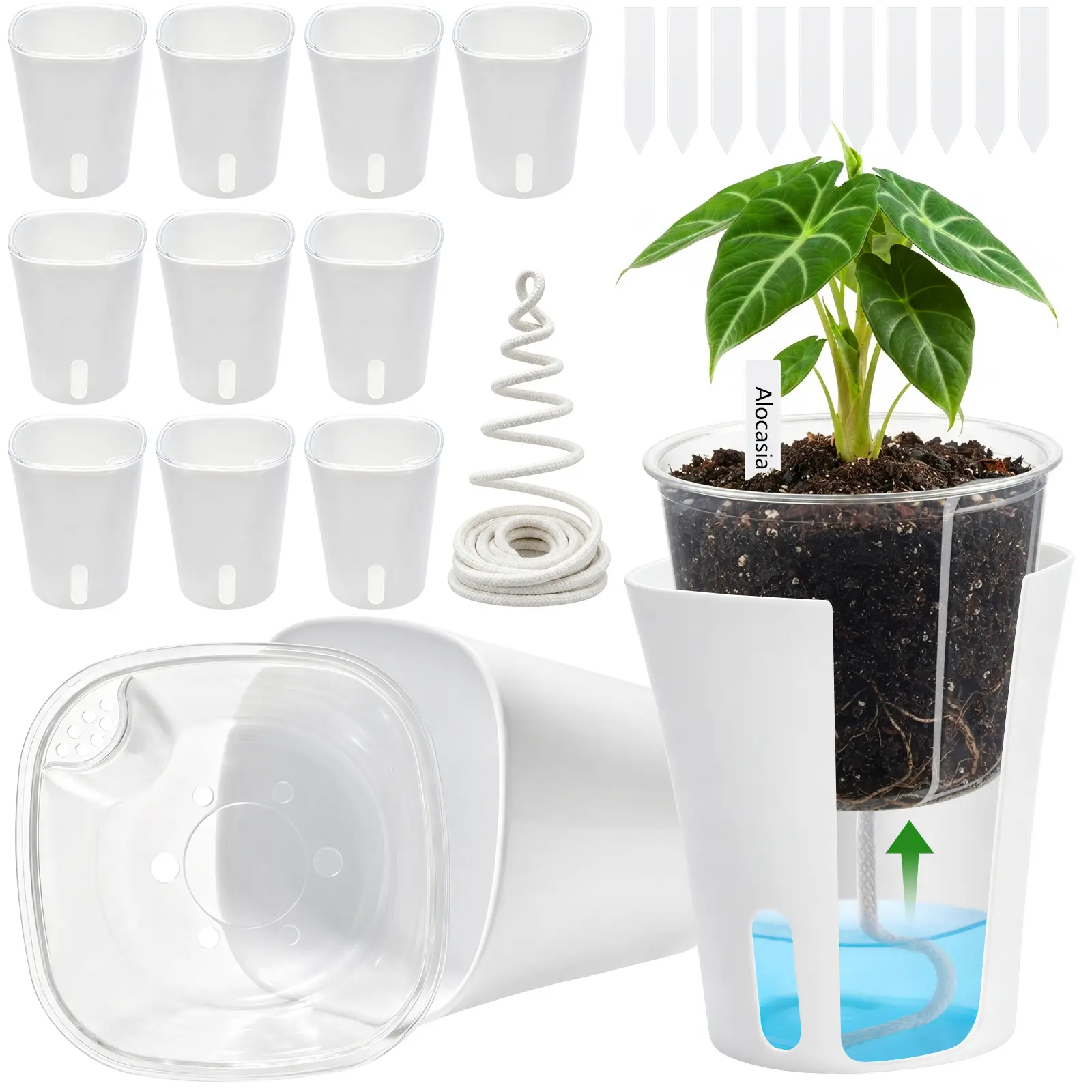 10 Pack White Self Watering Pots for Indoor Plants with Drainage and Water Level Indicator