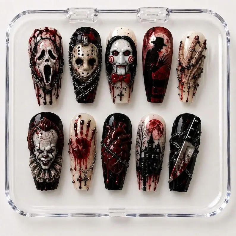 Handmade Horror Icons Press On Nails – 3D Slasher Movie Gothic Coffin Set Nail Art Kit Nail Box homedecor