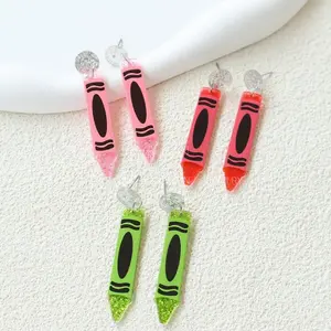 Handmade Acrylic Teach ABC 123 Letter Earrings Colorful Resin Crayon Pencil Shape Dangle Drop Earrings for Women Teachers Appreciation Day Gifts Graduation Back to School Jewelry