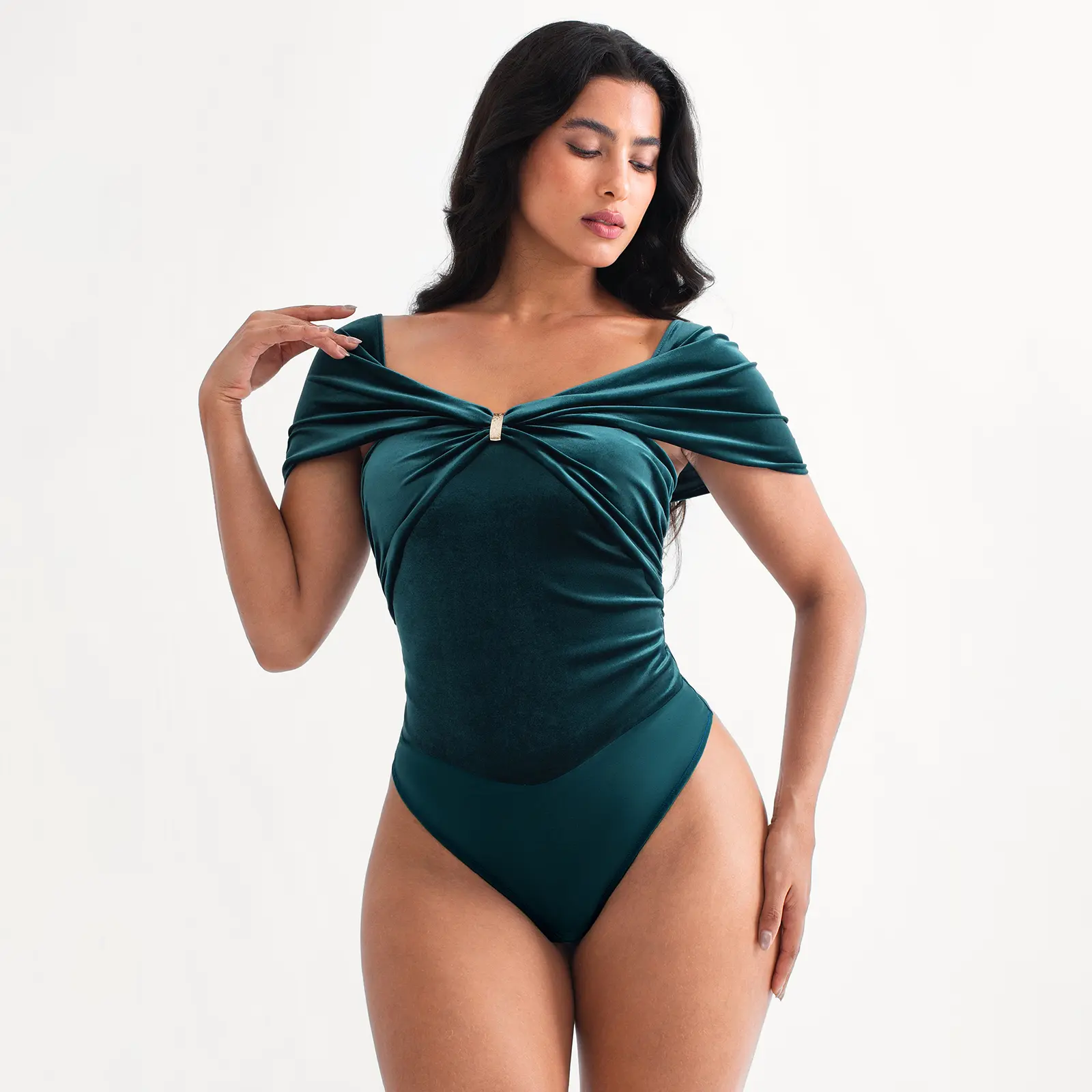 POPILUSH Women's Velvet Twist-Front Off-The-Shoulder Sculpting Bodysuit