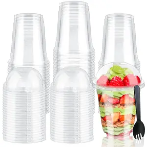 100pcs 12 Oz Plastic Cups with Dome Lids and Sporks,Clear Disposable Dessert Containers for Ice Cream,Fruit,Parfait,Pudding,Yogurt,Jelly,Hole in the Lid,50 Set
