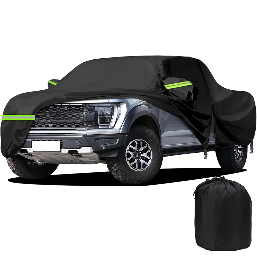 Waterproof Car Cover for Pickup Truck - Durable Black Windproof Buckle Straps All-Weather Protection, Zipper Door Access, Dust, Rain, Snow Resistant, Breathable, and Fading Resistant Exterior Black Car Cover with Easy Installation