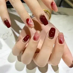 Dark Red Press on Fake Nail, 24pcs/set Gold Line Pattern Fashion Press on Nails & 1 Sheet Tape & 1 Nail File & 1 Wooden Stick