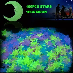 100pcs 3D Geometric Luminous Glow-In-The-Dark Stars & 5.12'' Moon, Reusable Self-Adhesive Decorative Wall Stickers Ornaments for Ceiling & Wall Decor, Romantic Home Art Decoration