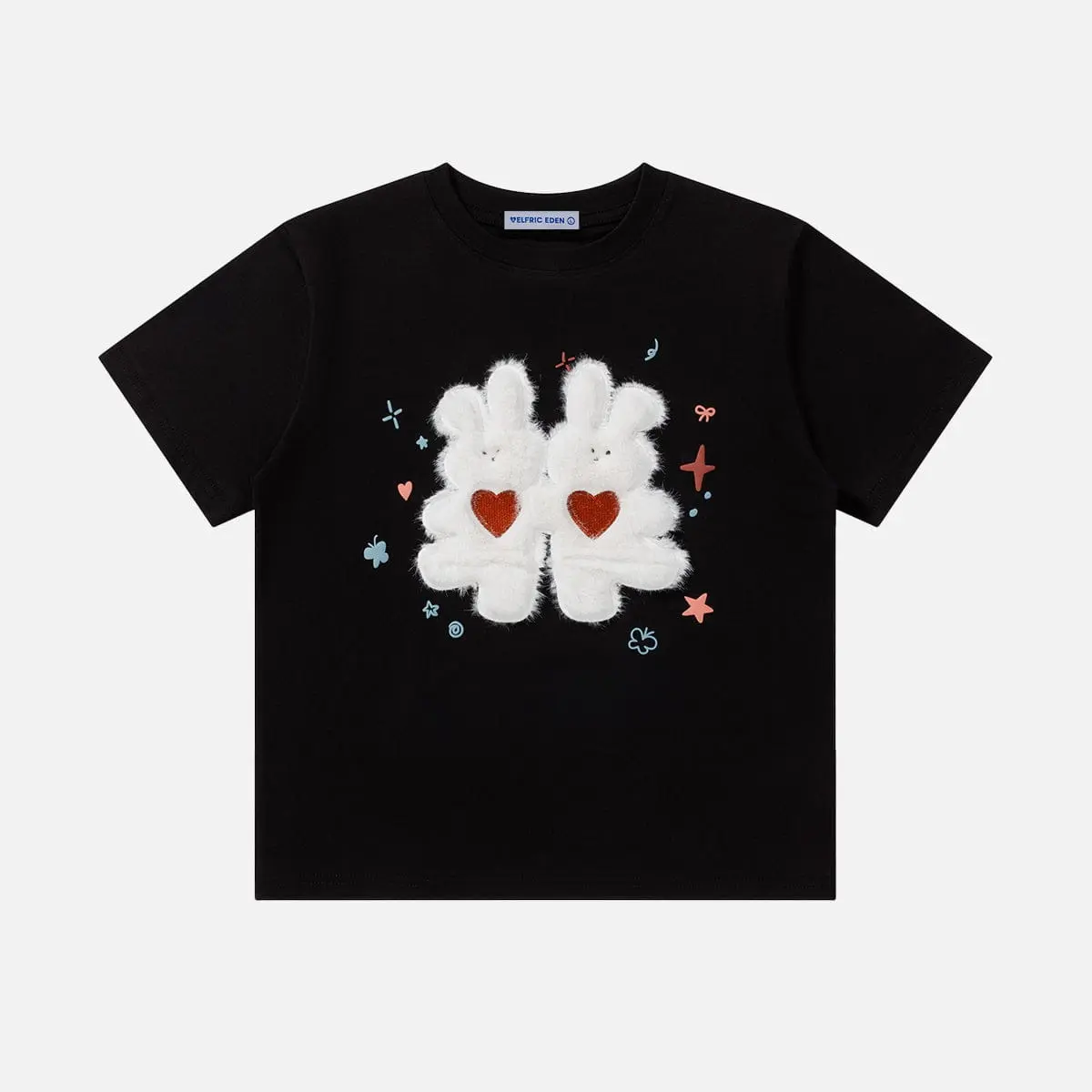 Aelfric Eden Women's Short-Sleeve Soft Cotton Plush Tee - Oversized Statement Preppy Top, Fuzzy Embroidered Bunny Graphic, Heart Print, Casual Streetwear, Cute Shirts, Cotton Graphic Tees, Oversized Graphic Tee, Bunny Print