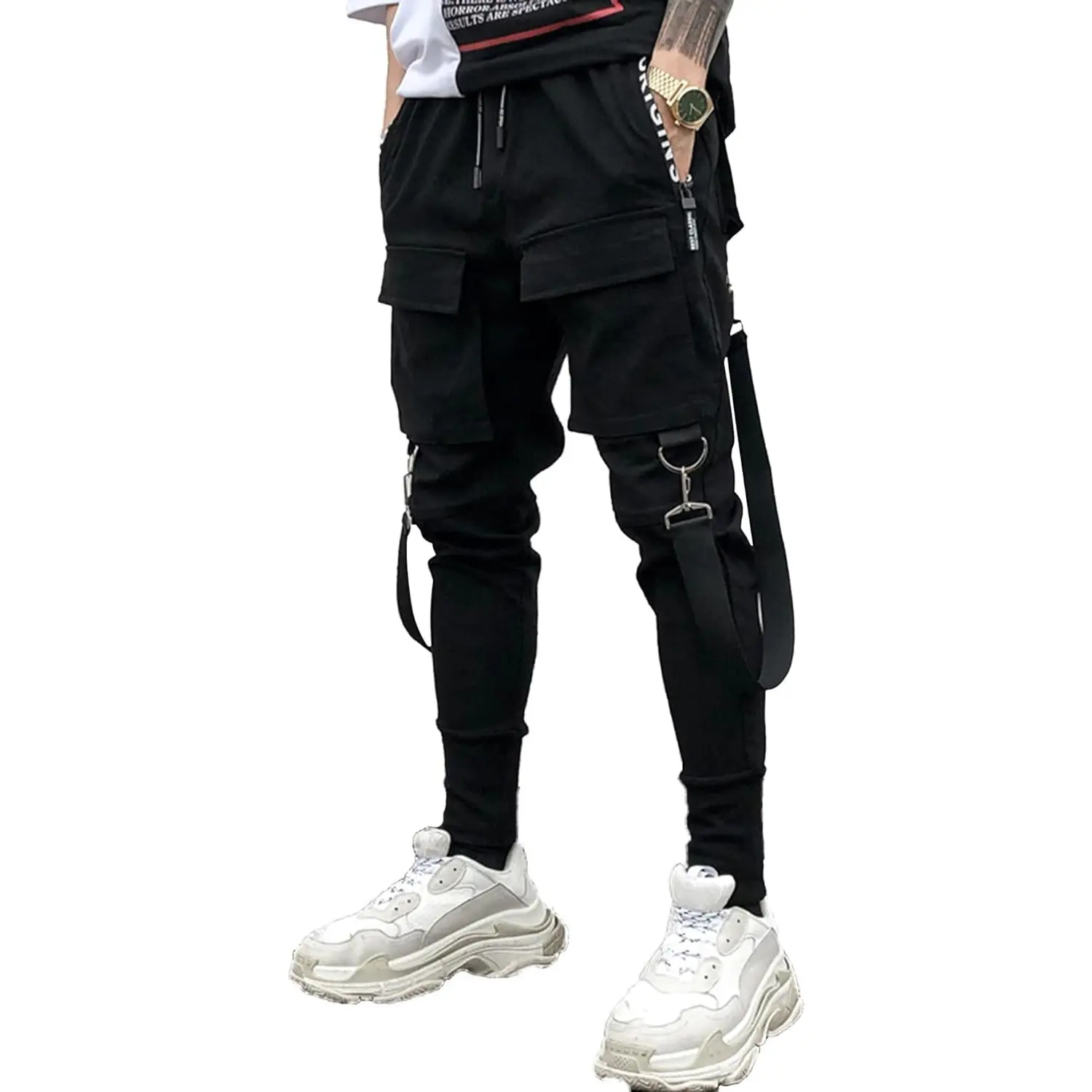 XYXIONGMAO Techwear Cargo Pants for Men, Solid Tapered Joggers with Drawstring Waist, Lightweight Nylon Blend with Elastane for Streetwear, Fitted, Plain