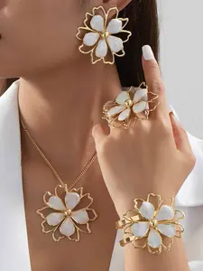 Mother's Day Gift Elegant Flower Design Fashionable Jewelry Set, Fashion Necklace & Ring & Earrings & Bracelet for Party, Daily Decor, Trendy All-match & Exquisite Jewelry for Birthday Gift