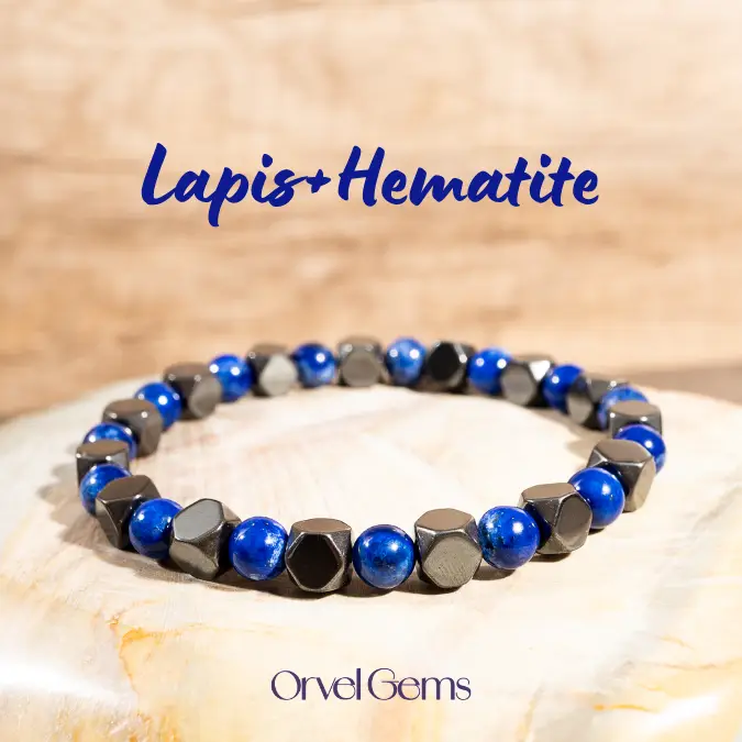 Unique Lapis Lazuli & Hematite Stretch Bracelet | Handcrafted Gemstone Jewelry for Women, Men, and Kids | Thoughtful Gift for Fashion Lovers Grounding