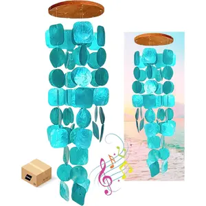 Handmade Musical Outdoor Wind Chimes, 63pcs Windchimes with Capiz Shells Glass Wood Turquoise, Garden Decor for Beach Ocean Breeze, Perfect Gift for Mom Outdoor Decor