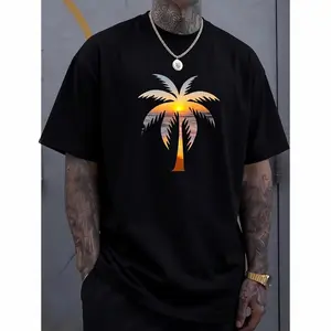 1pc Men'S Summer Casual Cotton T-Shirt with Sunset Coconut Tree Print, Crew Neck, Short Sleeve, Slight Stretch, Regular Fit, Knit Fabric, Alphabet Pattern, Fashionable Athleisure Style for Everyday Wear