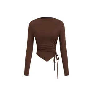 Cider Boat Neck Long Sleeve Ruched Tie Side Asymmetrical Hem Top