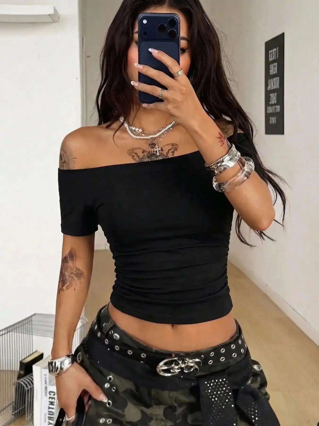 Women's Asymmetrical Neck Short Sleeve Tee, Y2K Summer Vacation, Minimalist Casual Shoulder-Exposed T-Shirt, Soft Knit Clothing, Tops comfy fit timeless viral style sophisticated
