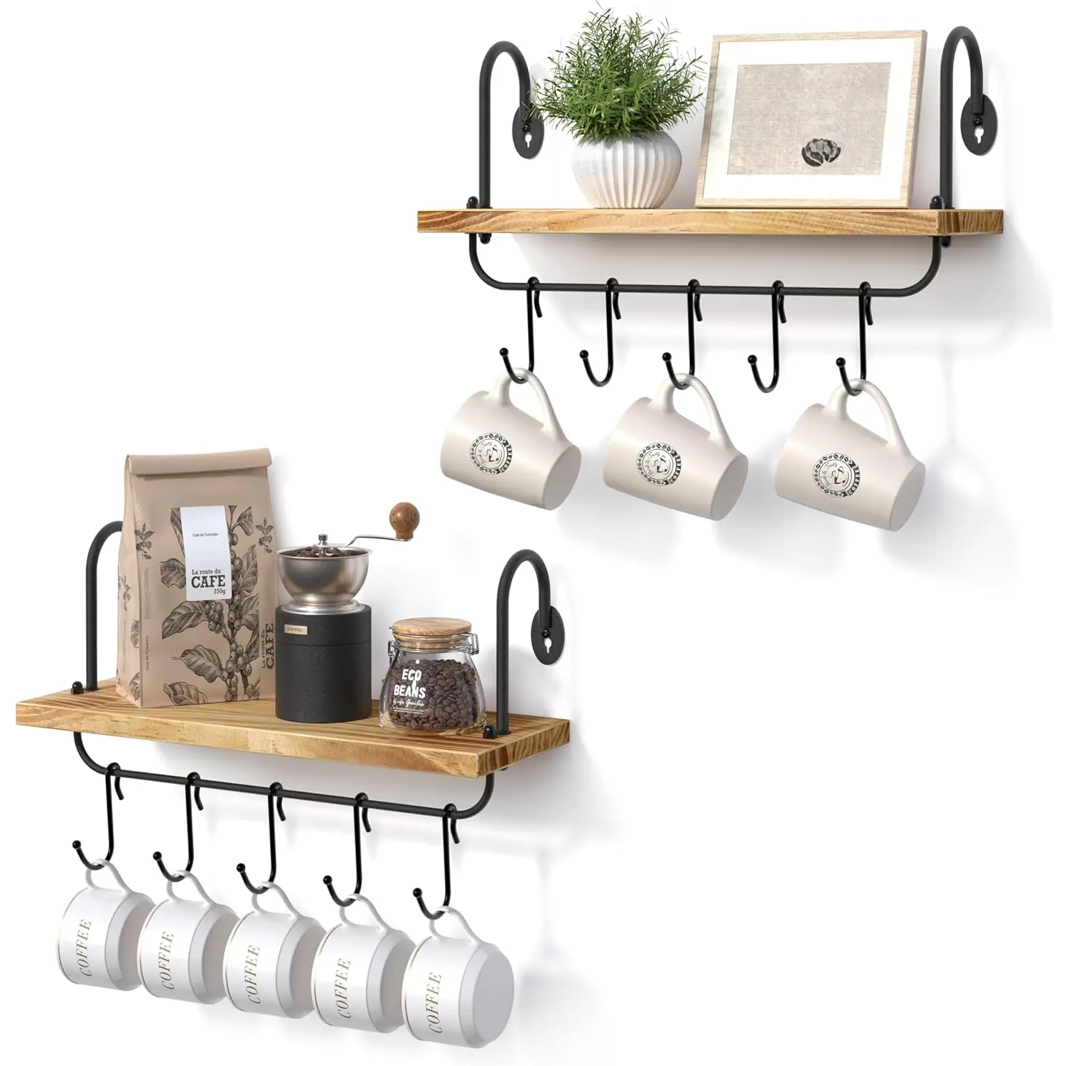 Floating Wall Shelves for Kitchen Bathroom Coffee Nook with 10 Adjustable Hooks for Mugs Cooking Utensils or Towel Rustic Storage Shelves Set of 2/17x5.9 inch (Carbonized Black)