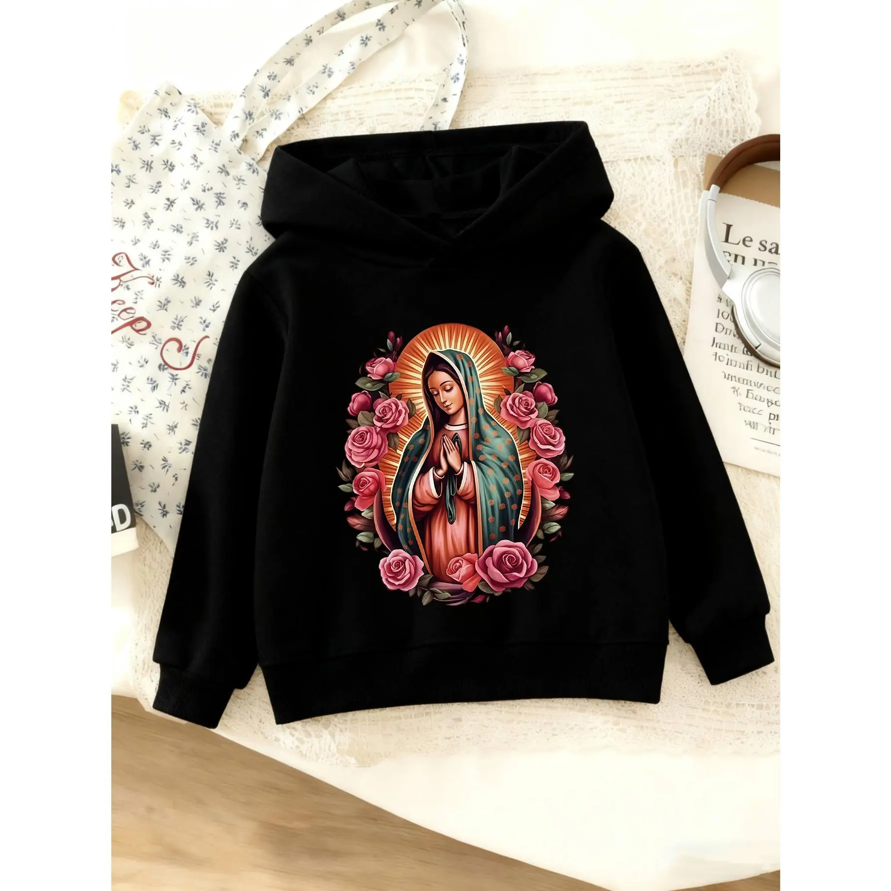 Girls' Catholic Virgin Mary & Jesus Christ Religious Hooded Sweatshirt - & Pink Floral Print Hoodie, Soft Warm Pullover for Fall/Winter, Catholic Church Outfits & Everyday School Wear, Fall Winter Apparel, Faithinspired Clothing, Cozy Fabric, Cotton, Loos