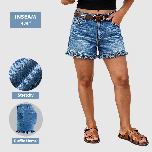 Flamingals Wash Ruffle Hem Mid Rise Denim Shorts Without Belt Stretchy 3.9'' Inseam