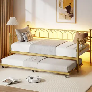 Twin Metal Daybed with Pull Out Trundle, LED Lights & Charging Station, Sofa Bed Frame for Small Spaces Bedroom Guest Room, Gold