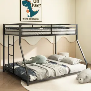 Bellemave Sturdy Twin-Full Metal Bunk Bed, Black Low-Profile Classic Square Tube Bedframe with Reinforced Safety Guardrails, Interchangeable Ladder for Easy Climbing, Easy Setup, Durable Design for Kids