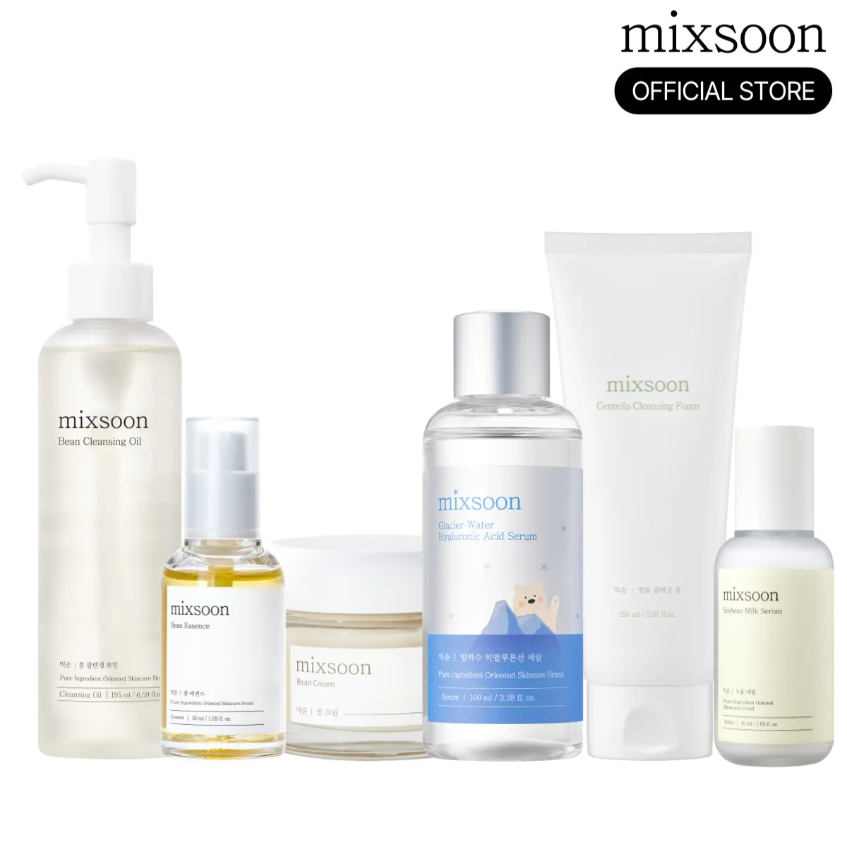 [mixsoon Official Shop] Full Care Set — Bean Cleansing Oil + Centella Cleansing Foam + Bean Essence + Glacier Water Hyaluronic Acid Serum 100ml + Soybean Milk Serum + Bean Cream
