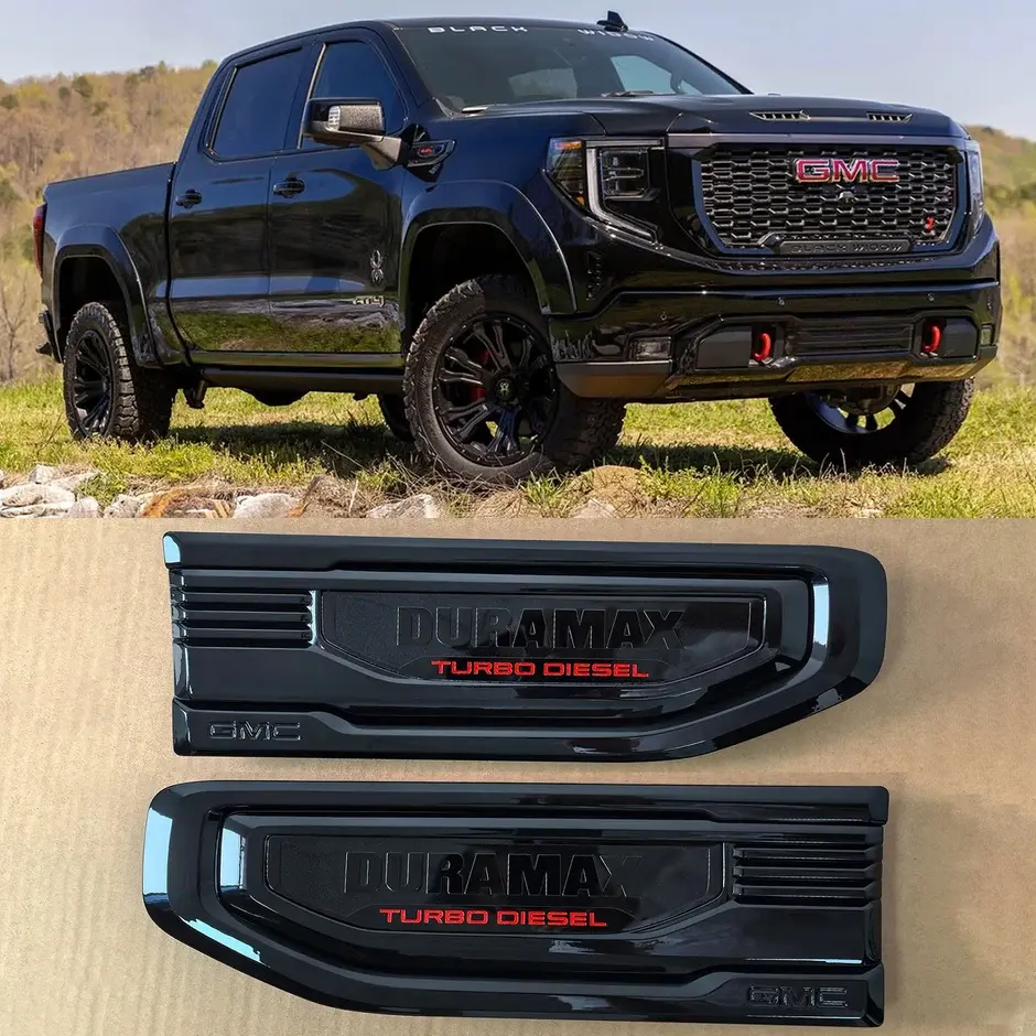 Black-Red Turbo Vent Emblem Set, Solid 3D ABS Plastic Fender Vents with Adhesive Backing, Replacement for 2019-2026 GMC Sierra 1500 Duramax