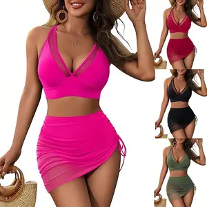 Women's 3-Piece Halter Bikini Set with Sheer Mesh V-Neck Top, High Waist Bottom and Ruched Side Drawstring Skirt Cover-Up