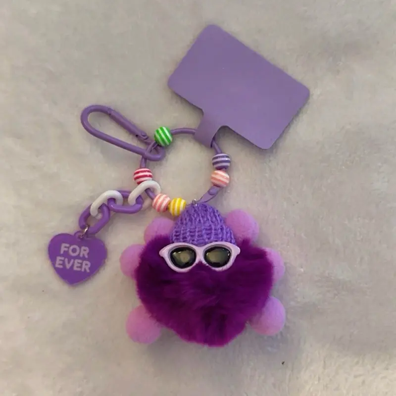 Kawaii Purple Fluffy Monster Keychain, Featuring Sunglasses and FOREVER Heart Charm