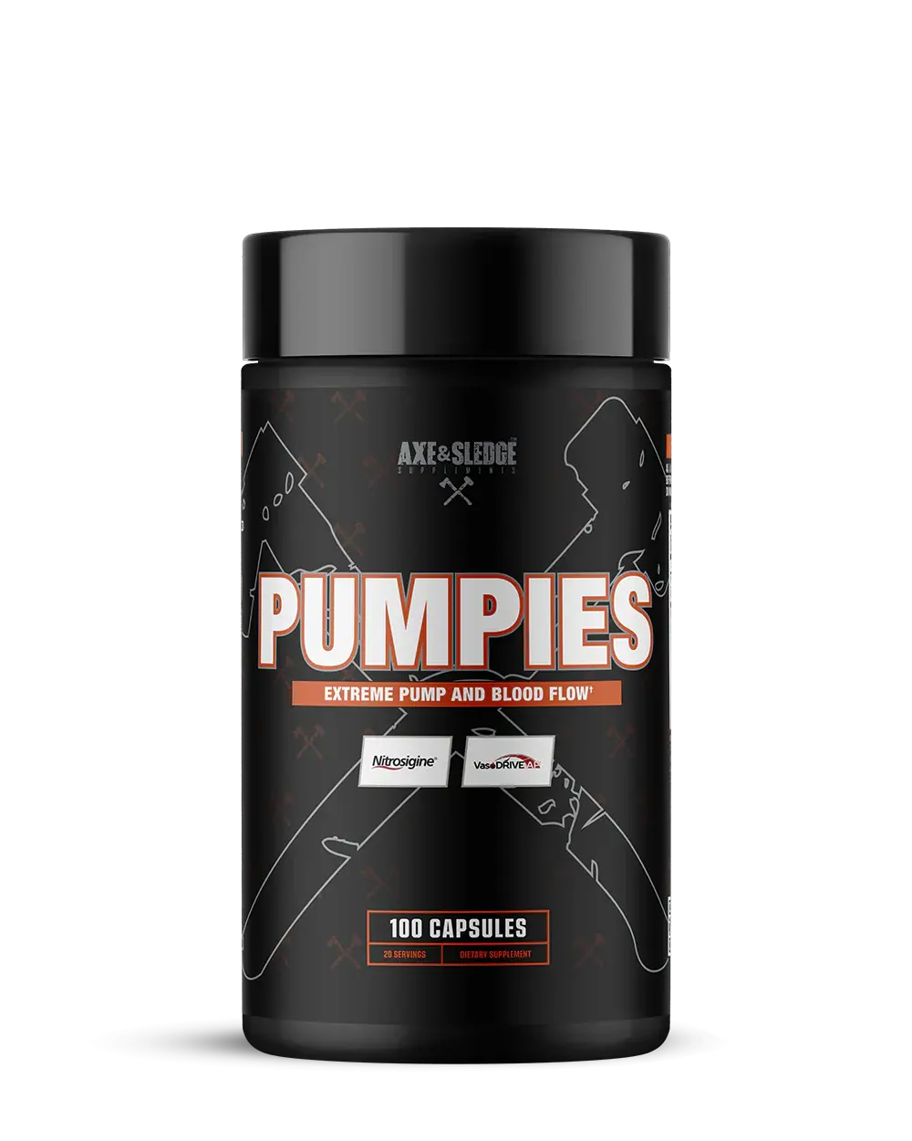 Axe & Sledge Pumpies Pump And Performance Capsules | Nitrosigine VasoDrive-AP Epicatechins And Pine Bark Extract | Nitric Oxide Support For Pumps And Vascularity | Available at Prime Sports Nutrition