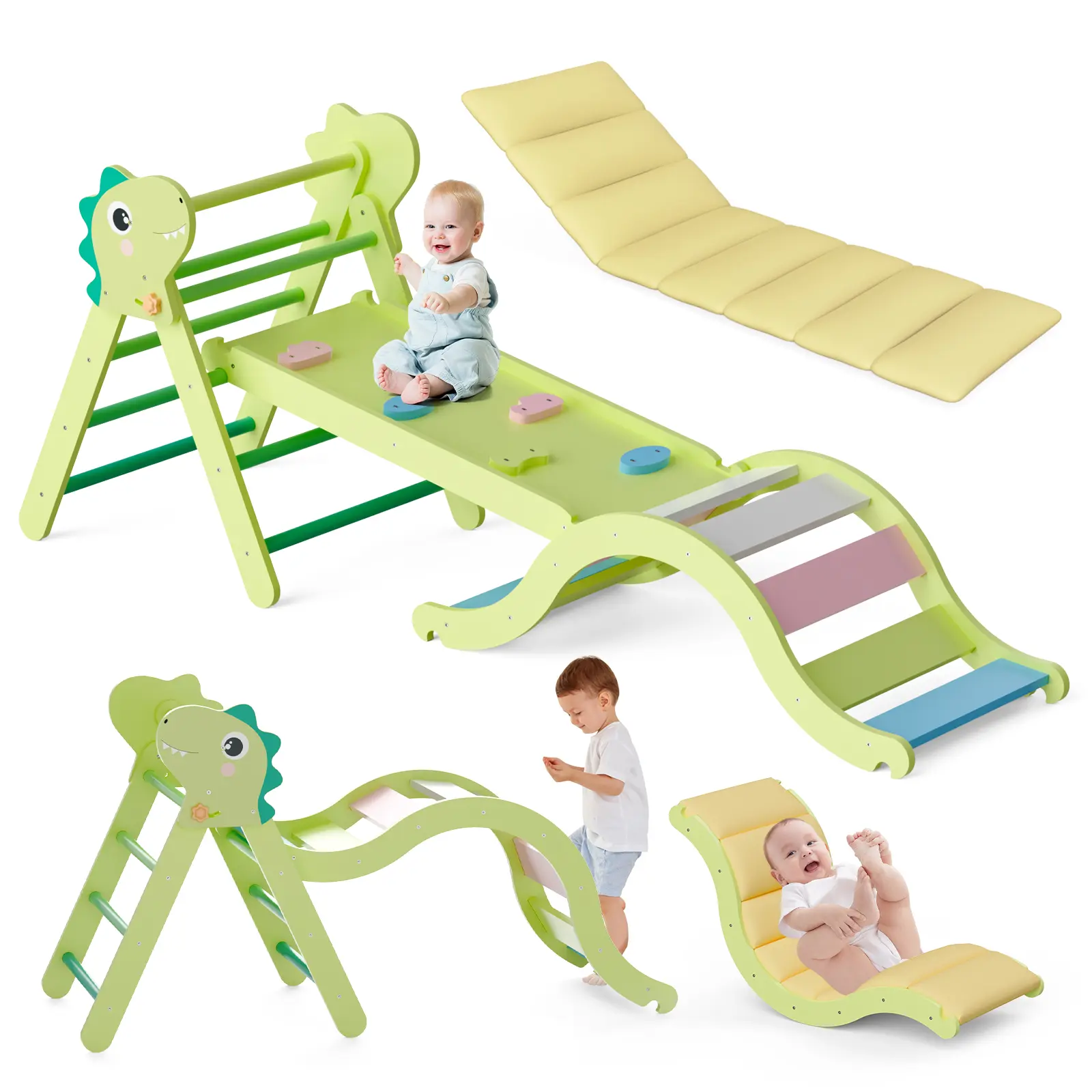 9-in-1 Foldable Wooden Pikler Triangle Set with Cushion, Adjustable Height Montessori Climbing Toys for Toddlers 1-3, Indoor Jungle Gym with Slide, Playground Equipment Boosting Creativity for Home Use