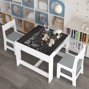 Soges Kids Table and Chair Set 3 in 1 Wooden Activity Table with Storage Drawer for Toddlers Drawing Reading Crafts 2 in 1 Detachable Tabletop Table Set for Nursery Playroom with Chalkboard & Grey Playing Surfaces, W808P252778, For Christmas Gifts