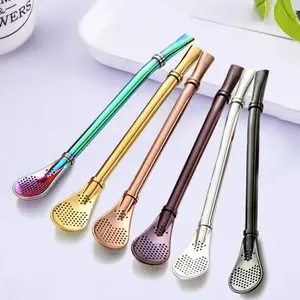 1pc Colorful 304 Stainless Steel Tea Drinking Straws Spoon Yerba Mate Tea Filter Reusable Bombilla Gourd Tea Tools Bar Accessories Beverage Utensil Drinking Gadgets