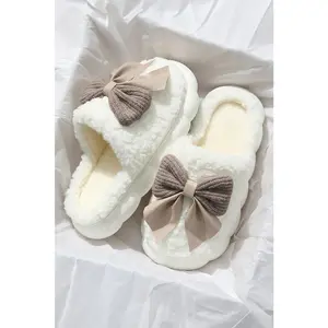 White Bowknot Plush Slippers