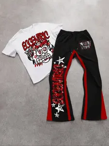 Two-Piece Set Men's Regular Fit Graphic Skull Print Tee & Rope Waist Sweatpants, Street Fashion Casual Round Neck Short Sleeve T-shirt & Jogger Pants for Daily Wear, Men Two-piece for Summer, Menswear, Clothes