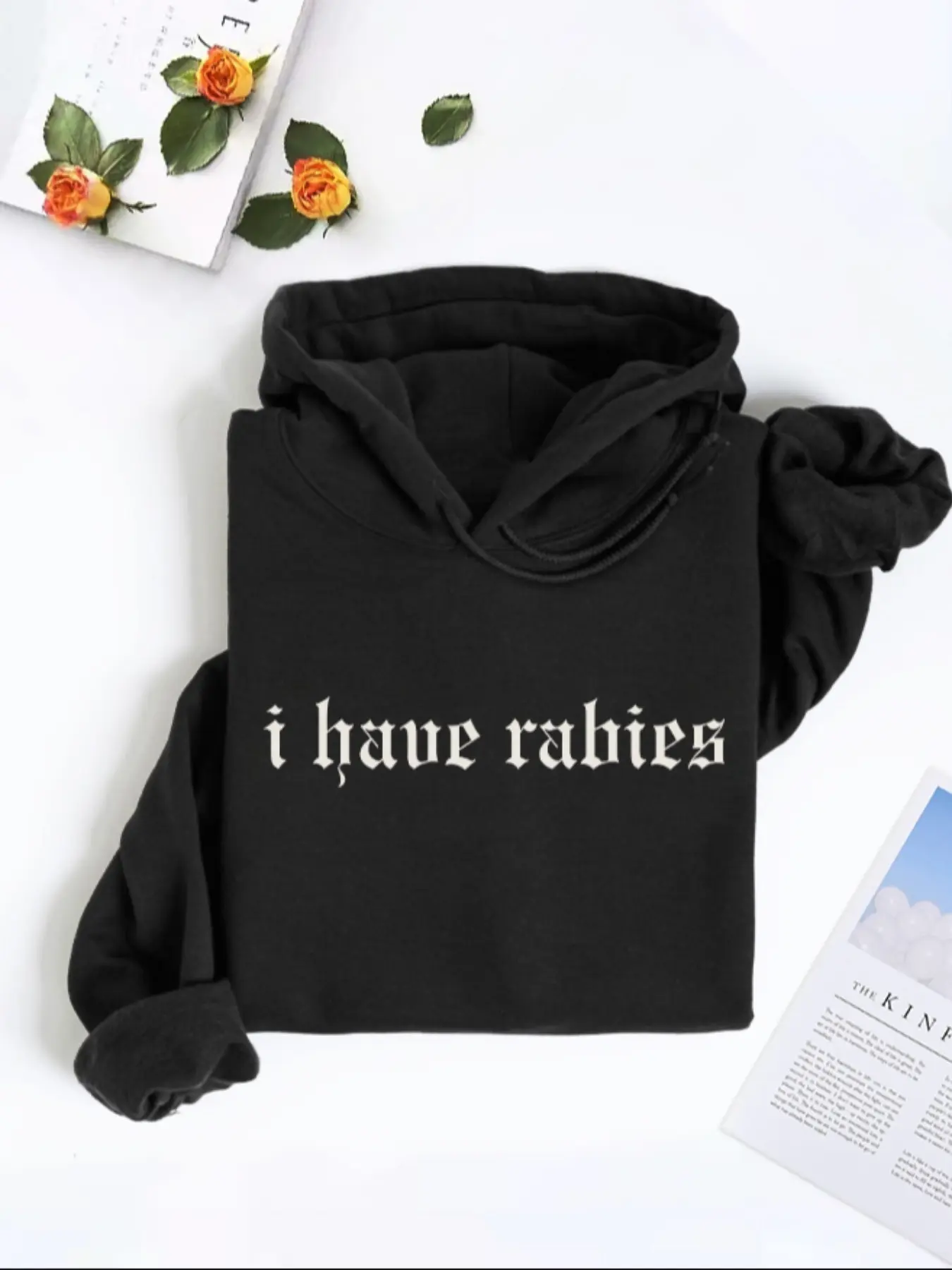 "I Have Rabies" Funny Gothic Casual Oversized Loose Thick Knit Hoodie Pullover for Women - Soft Graphic Sweatshirt, Edgy Dark Aesthetic