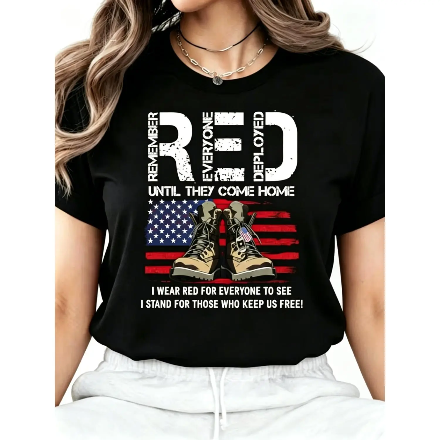 On Friday We Wear Red T-Shirt US Veteran Remember Everyone Deployed Shirt 100% Regular Fit American Flag Us Veteran Tee, American Flag Military Women T-shirts July 4th