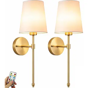 Battery Operated Wall Sconces Set of 2, Rechargeable Wireless Wall Lights with 10000mAh Magnetic Bulbs, Up to 50 Hours Runtime, Remote & RGB Dimmable, Brass for Bedroom Living Room Hallway