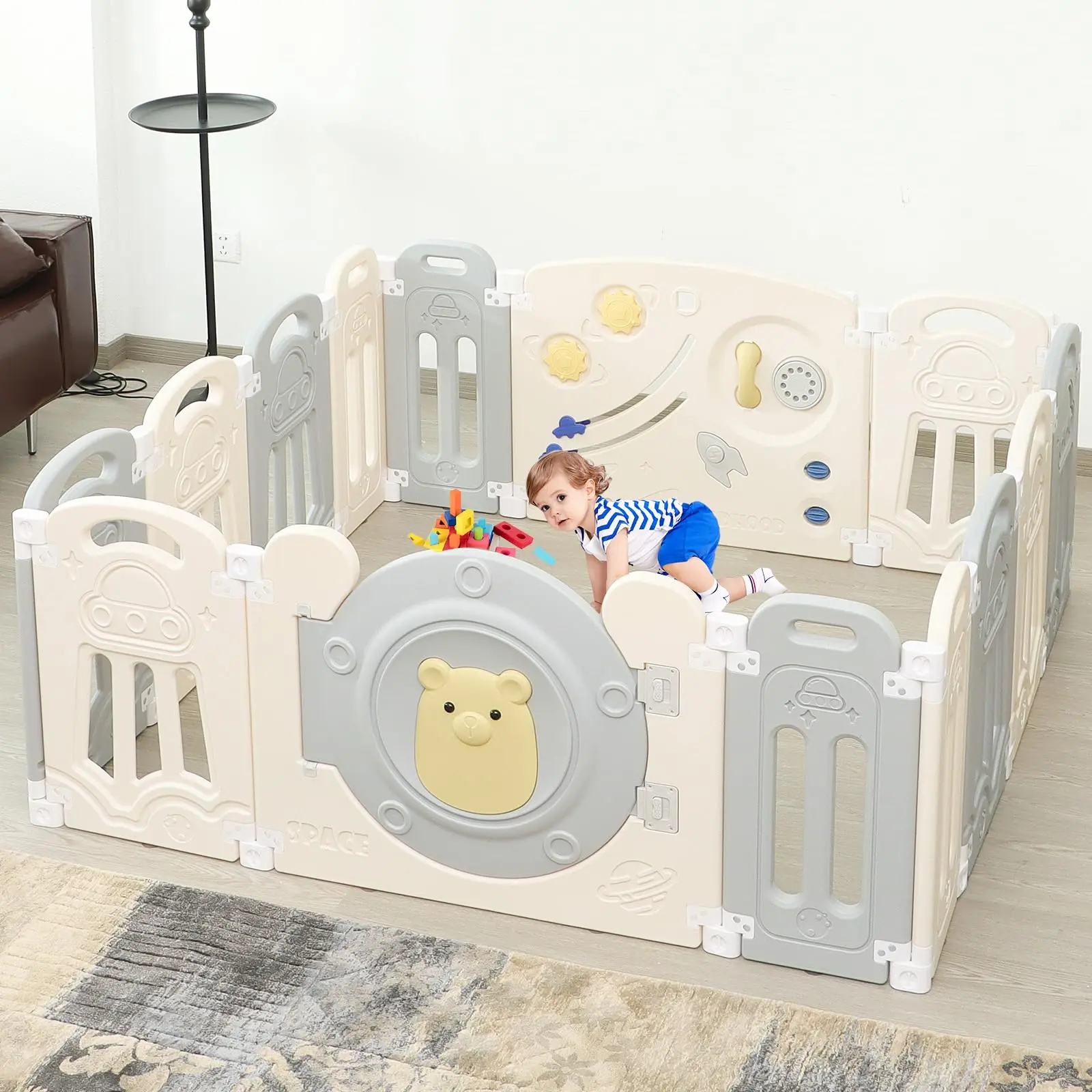 Gray White Plastic Baby Playpen for Parents - 14-Panel Safety Fence with Lock System, Adjustable Game Panel, Rounded Edges, Portable Foldable Toddlers Activity Centre for Indoor & Outdoor Use
