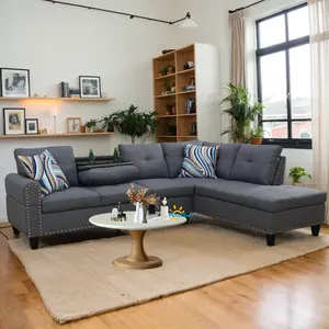 Sectional Couches with Ottoman Storage, Modern 4-Seaters Living Room Furniture Sets with Chaise Lounge, Ottoman & 2 Pillows | L Shape Couch | Cup Holder | Breathable Linen Fabric, Gray Sofa