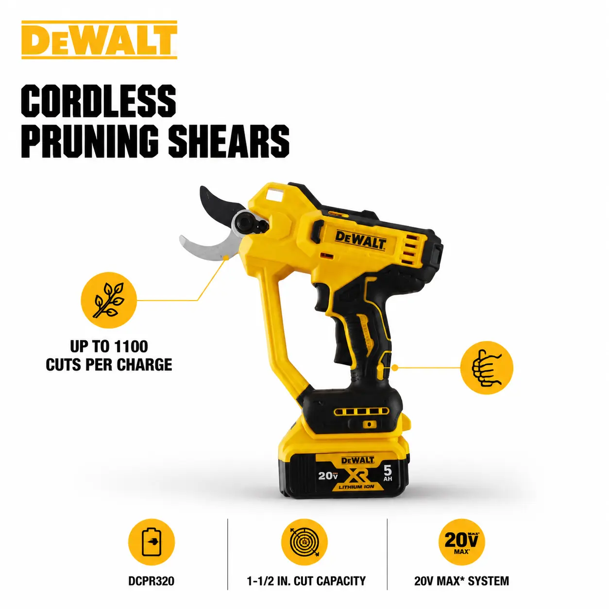 DEWALT DCMPP568N 20V MAX XR Cordless Pruning Shears Power Secateurs Tool Only for Garden Tree Branch Trimming, 38mm Cut Capacity, Non-Stick Steel Bypass Blade, LED Light, Safety Switch for Landscapers & Gardeners