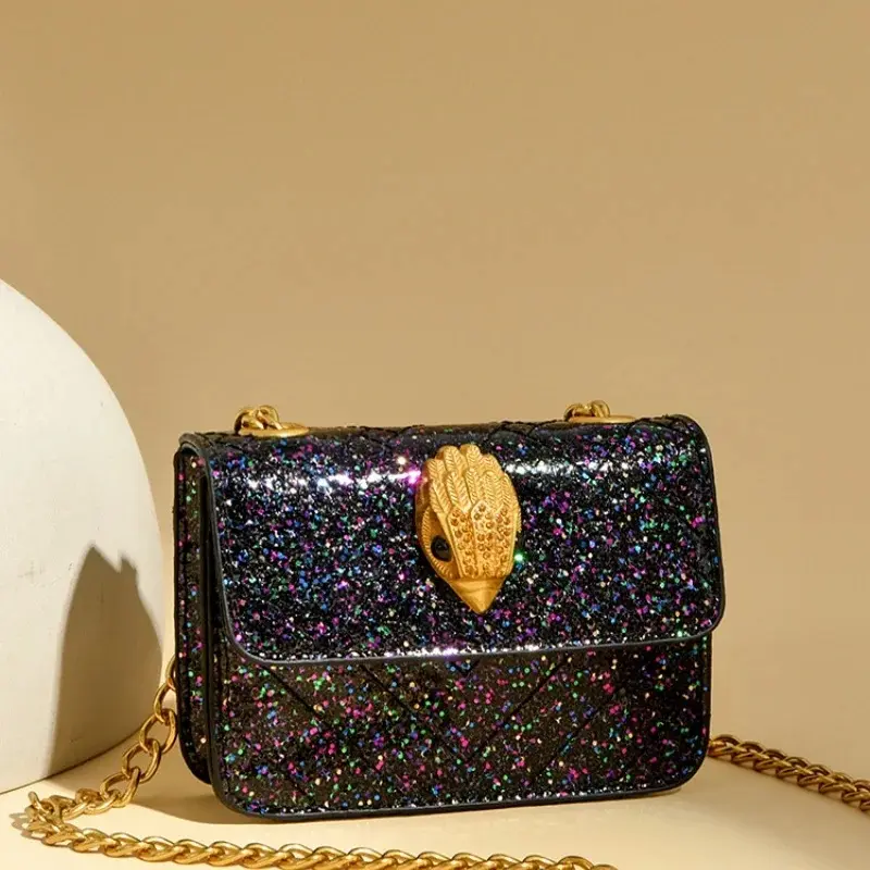 Night Out Party Mini Glitter Crossbody Bag, Eagle Head Lock Chain Shoulder Clutch for Wedding Club Date