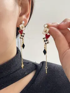 Unique Contrast Color Poker Card Grid Heart Drop Earrings, Stylish Jewelry Accessory, Perfect Gift for Fashion Lovers