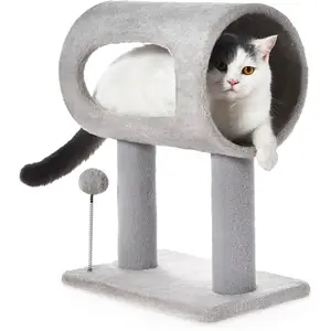 Gray Indoor Cat Tree with Hanging Ball (20.5 Inches) - Cat Scratcher Tower with Tunnel Bed